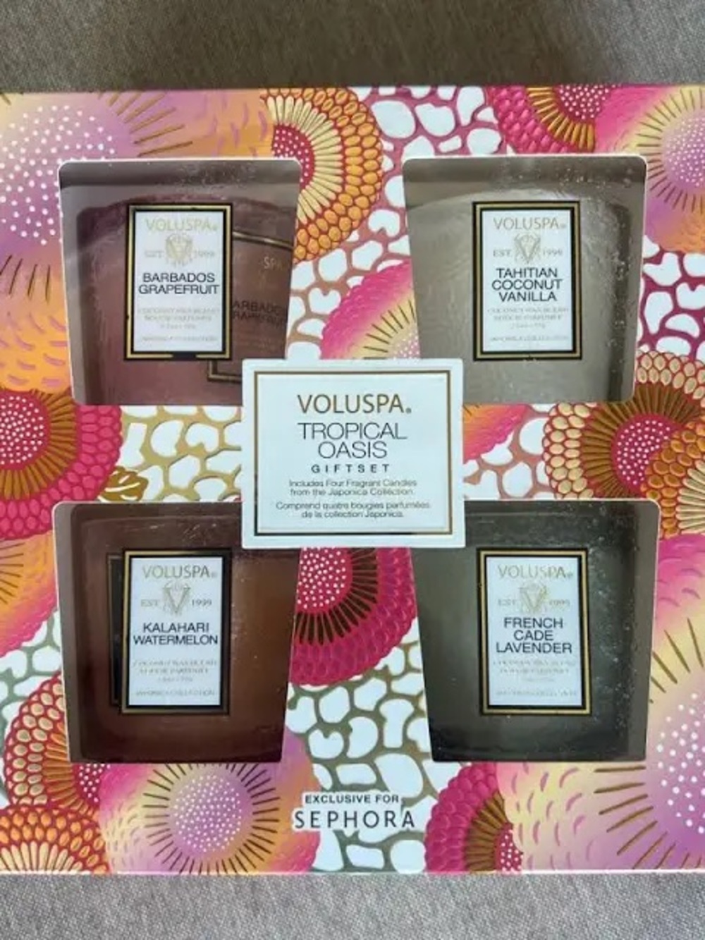Voluspa Tropical Oasis 4-Candle Gift Set Scents in description. NIB